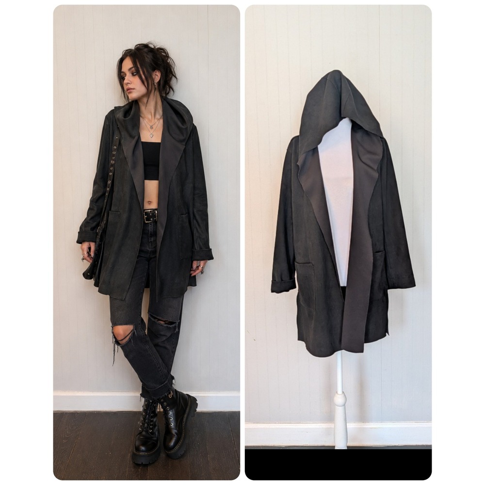 ZARA Hooded Open-Front Trench Style Coat - Black Size Small